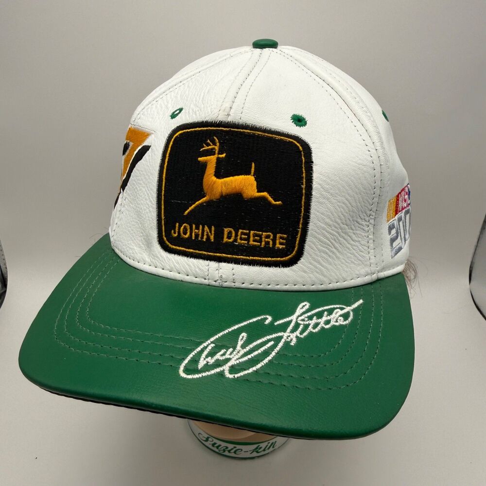 Vtg Y2K John Deere Roush Racing NASCAR Hat #97 Chad Little Leather Strapback Cap